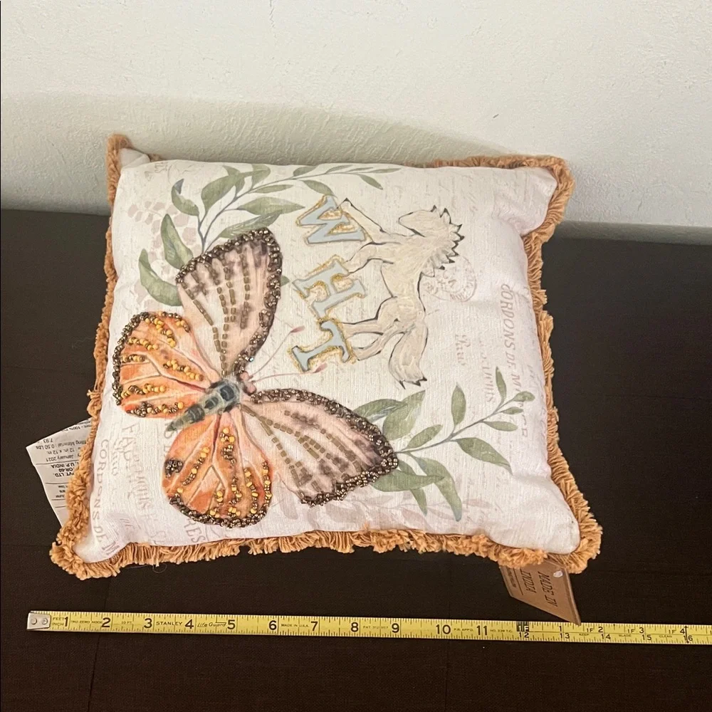 #1605+ Made in India Cream Decor WHT & Butterfly Fringe Pillow with Orange Trim